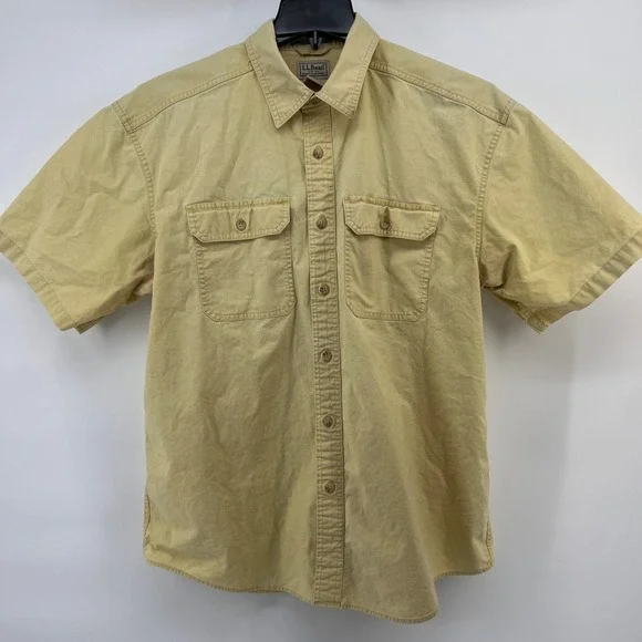 LL Bean Mens Traditional Fit Short Sleeve Button Up Shirt Khaki Tan L-Reg - Picture 1 of 8